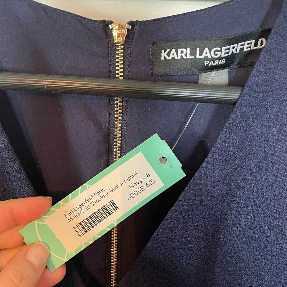 KARL LAGERFELD | melia cold shoulder midi jumpsuit in navy 8 NWT - Picture 5 of 12